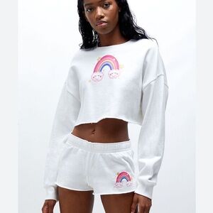 NEW Pacsun White Rainbow Ultra Cropped Raw Hem Fleece Long Sleeve Sweatshirt XS